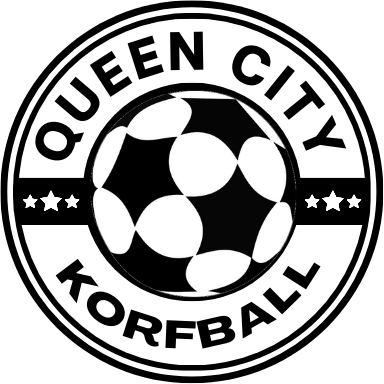 Black and white Queen City Korfball logo with a korfball and the words "Queen City Korfball" encircling the ball.