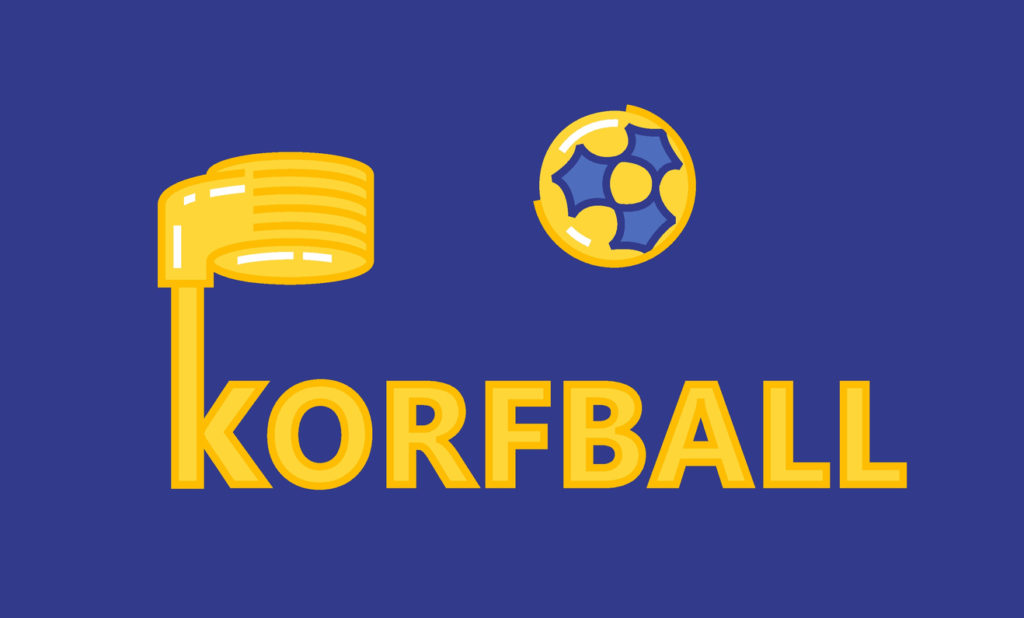A korfball banner with a korfball being shot into a korfball goal with the word "korfball" underneath. 